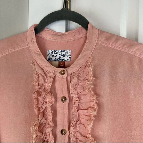 PILCRO Anthropologie Peach Button Linen Blend Ruffle Front Blouse Size Medium - Picture 5 of 8